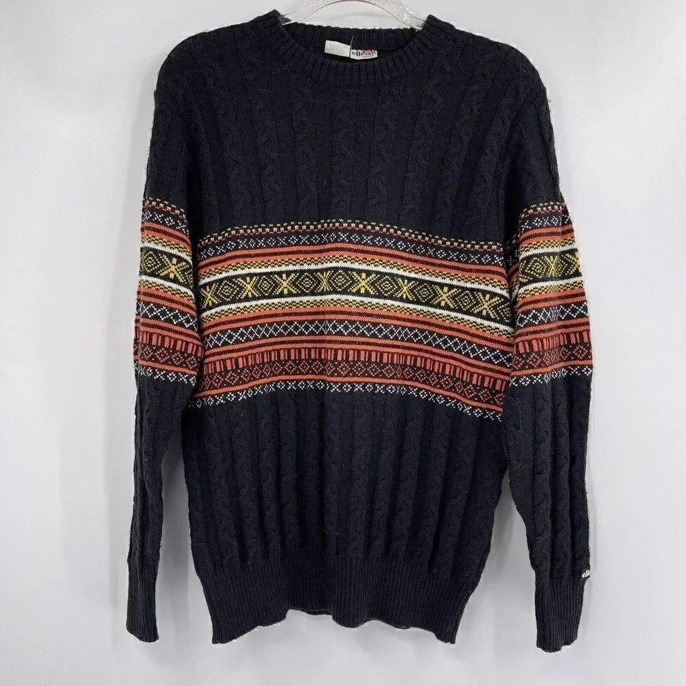 Vintage ELLESSE Wool Black 80s Mens Sweater L Italy Orange Cable knit Fishermens